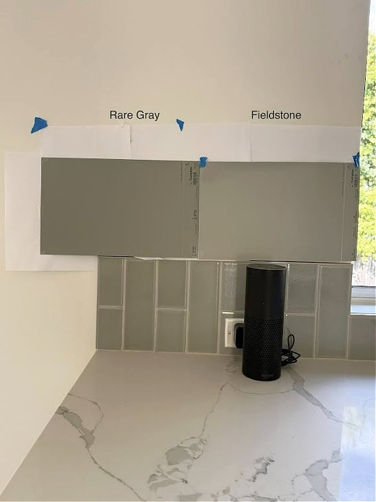 Sherwin Williams Rare Gray and Benjamin MOore Fieldstone with green-gray subway tile backsplash and white quartz counterotp, best paint colors, samplize peel and stick
