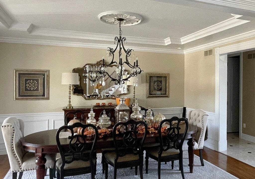 Sherwin Williams Urban Putty warm neutral beige tan paint colour, formal dining room