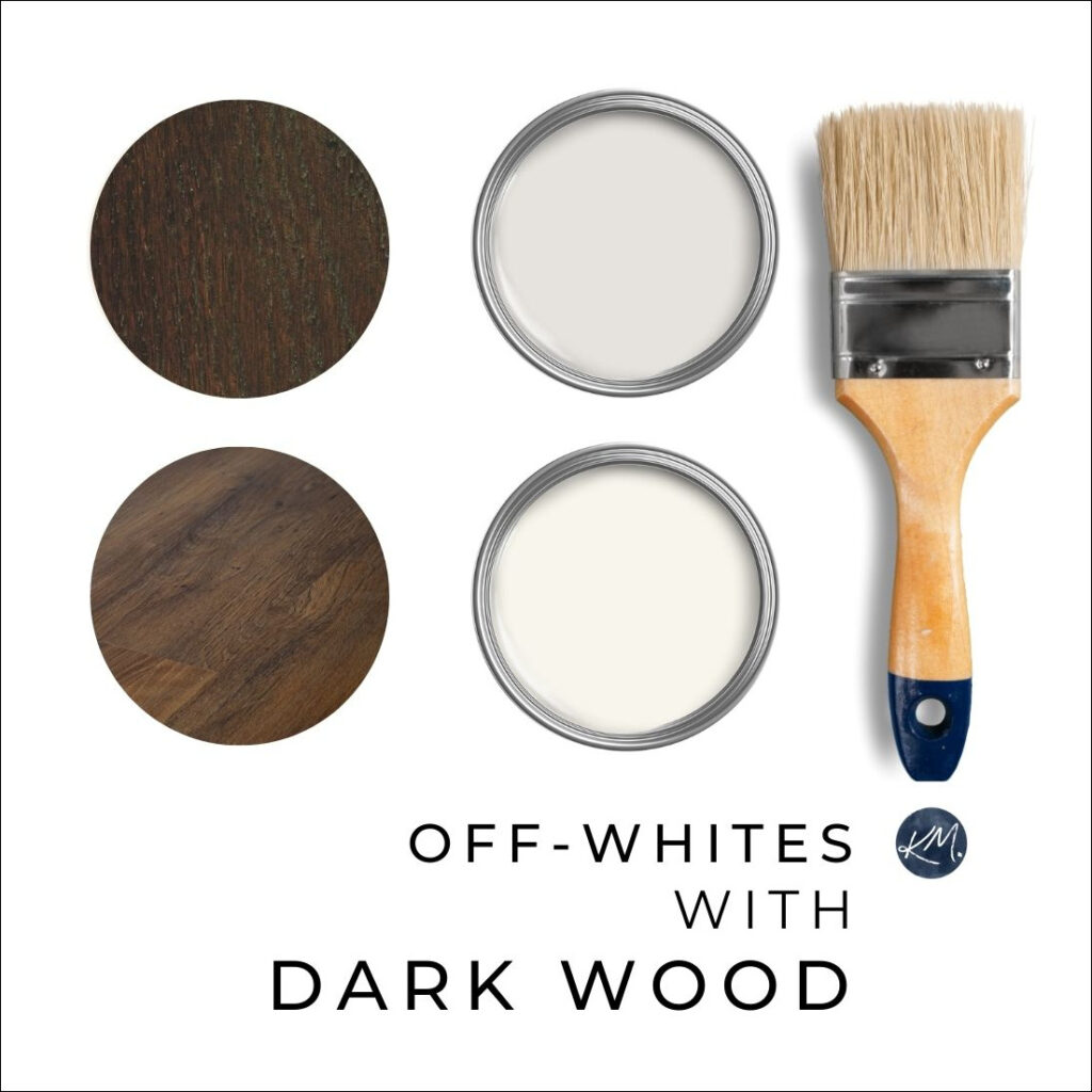 The best, most popular off white paint colors for dark wood trims, cabinets, flooring and furniture. kylie m interiors edesign with benjamin moore and sherwin williams