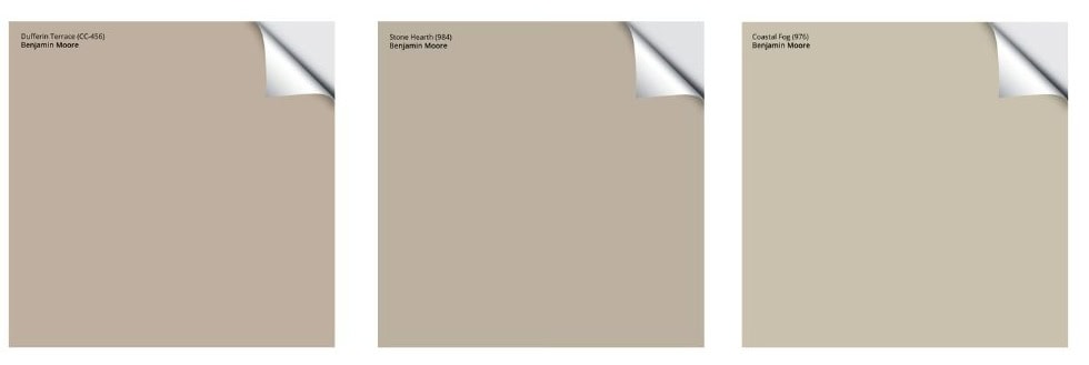 comparing Benjamin Moore Stone Hearth, Dufferin Terrace, Coastal Fog, samplize peel and stick