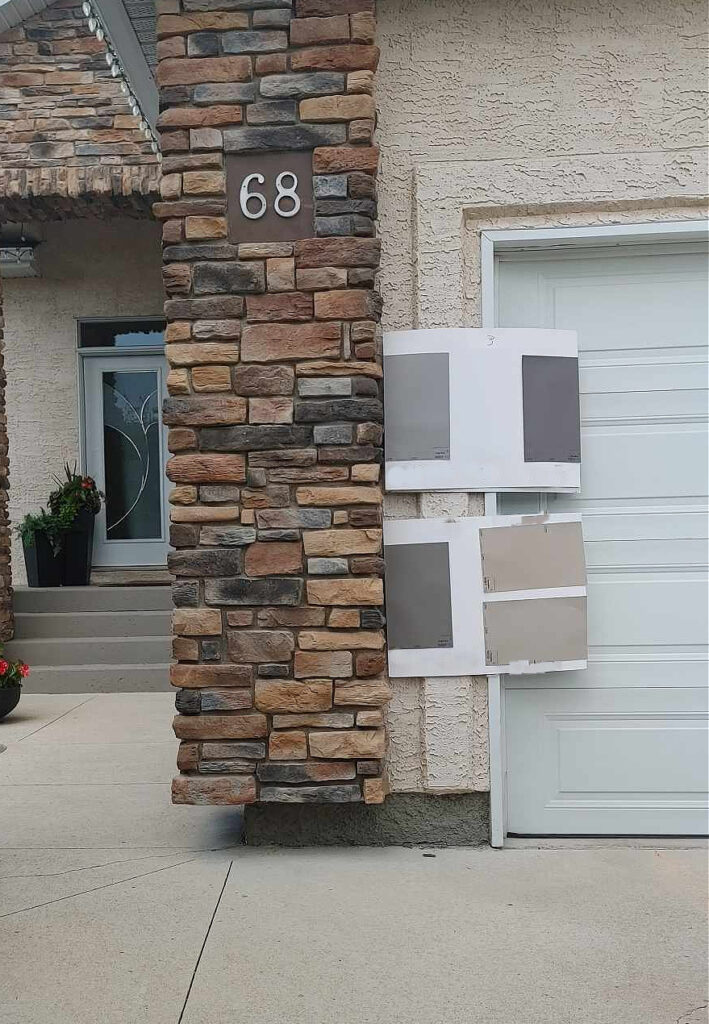 exterior stone with orange, purple, pink, beige, stucco, paint color ideas for trims, garage door.