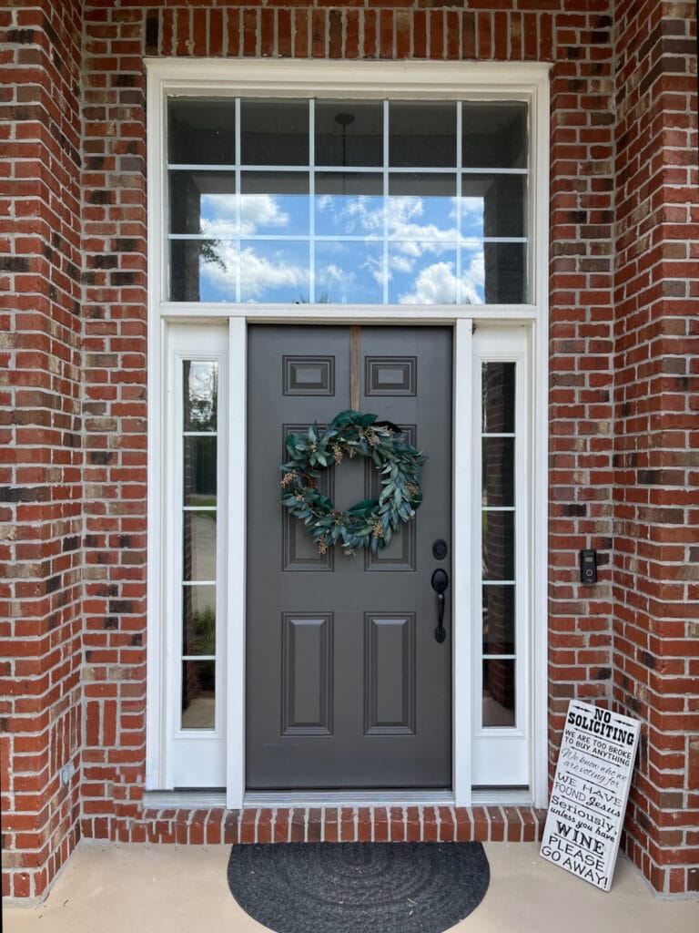 red brick exterior, Sherwin Williams Urbane Bronze greige front door paint color, Alabaster warm white trim