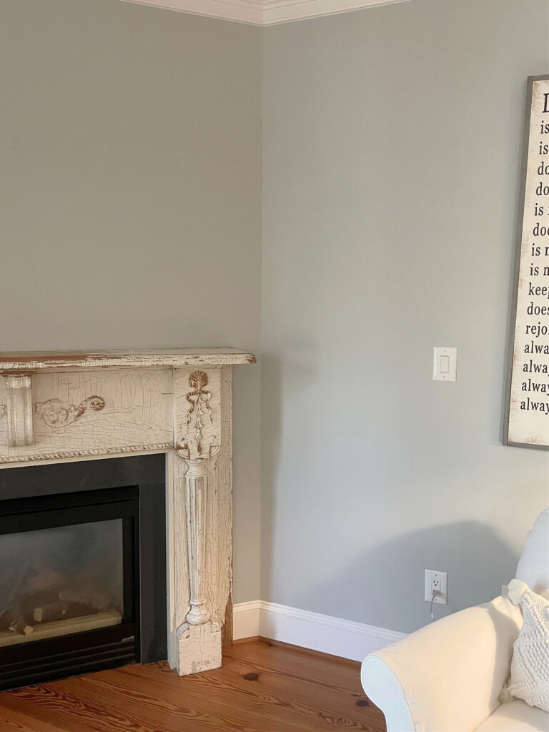 Benjamin Moore Arctic Gray, blue-green-gray paint color. Kylie M. wood floor