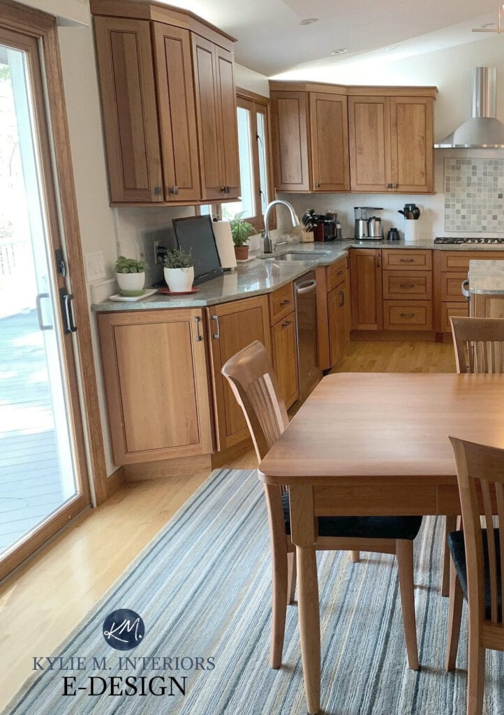 Benjamin Moore November Rain gray paint colour with green undertone. Maple look soft orange stained wood kitchen cabinets. Kylie M Interiors Edesign, online paint color consultant