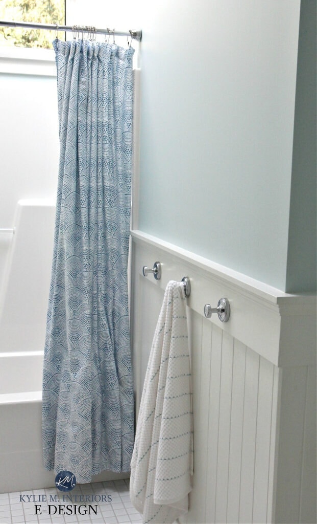 Benjamin Moore Ocean Air, best blue paint colour. Bathroom with white wainscoting, beadboard, blue shower curtain. Kylie M Interiors Edesign, edecor and online paint colour consulting blog