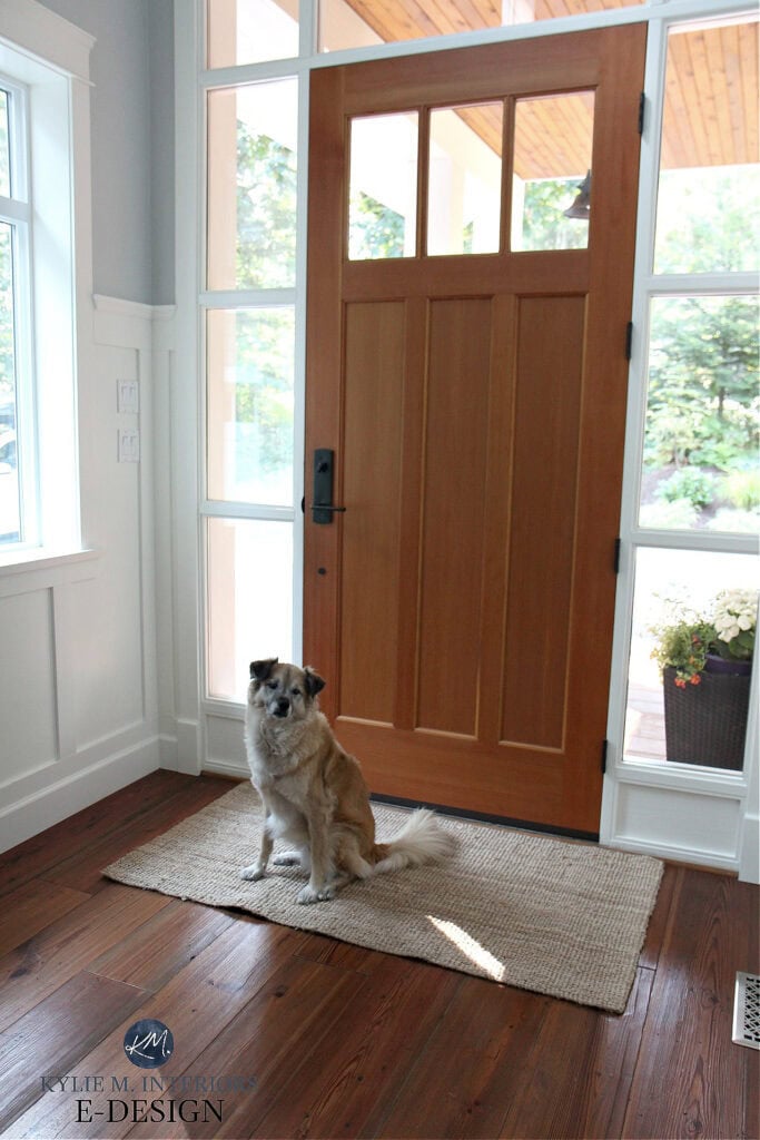 Entryway, solid fir door, reclaimed wood flooring, board and batten walls. Cloud White board and batten, Gray Owl walls Kylie M Interiors Edesign,