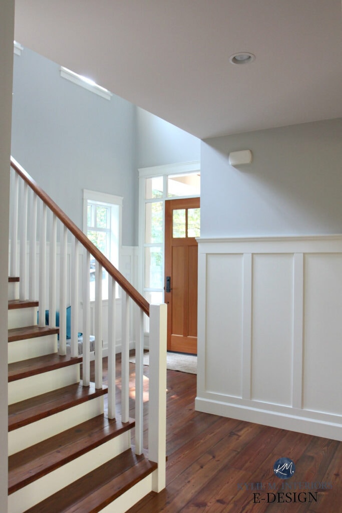 Entryway, staircase, reclaimed pine wood flooring, treads, white railing, white wainscoting. Benjamin Moore Cloud White and Gray Owl. Kylie M Interiors online paint colour and decorating blog
