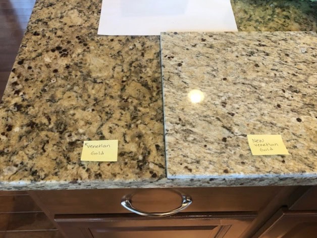 Granite countertops similar to Santa Cecilia, New Venetian Gold and regular Venetian Gold, warm countertops and update ideas for them. Kylie M Interiors Edesign