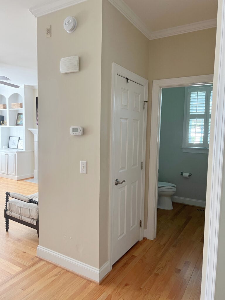 Hallways with wood flooring, oak, Manchester Tan, best wam neutral paint colour