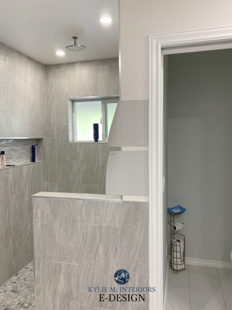 Nimbus and On the Rocks with greige, taupe, warm gray shower bathroom tile and pebble floor. Kylie M INteriors Edesign - Copy