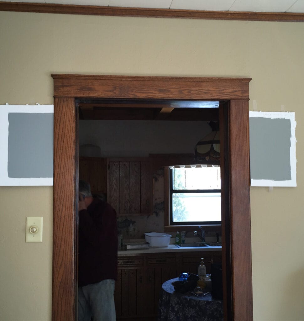 Sherwin Wiliams Tin Lizzie and Cadet, blue-green-gray blend paint colors against dark wood trim