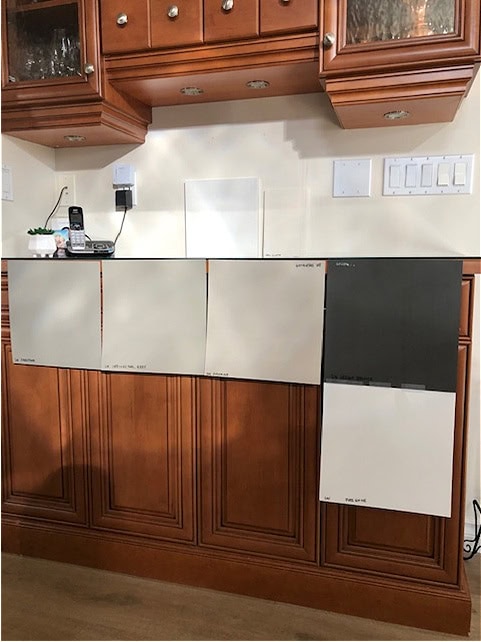 Sherwin Williams PAVESTONE, INTELLECTUAL GRAY, PASHMINA samplize peel and stick on wood cabinets for kitchen