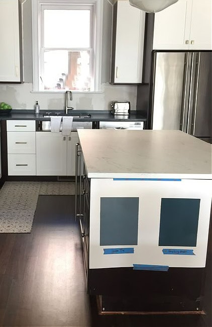 Sherwin Williams SLATE TILE and Benjamin Moore, NEWBURG GREEN dark green teal blue paint colors for kitchen island with off white quartz countertop