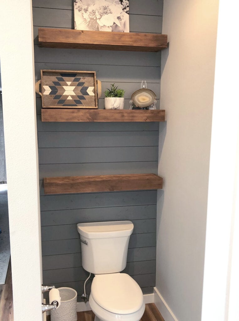Sherwin Williams Software feature wall in small toilet bathroom area with shiplap and wood floating shelves. Kylie M Interiors Edesign, online paint color consulting expert