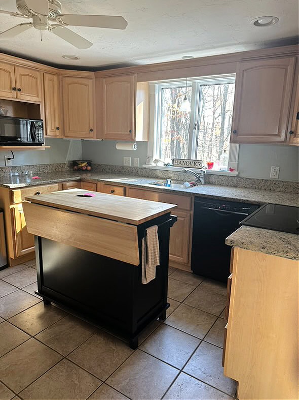 before update ideas, kitchen with light maple wood cabinets, beige tile floor, black appliances, fridge, oven, granite countertop
