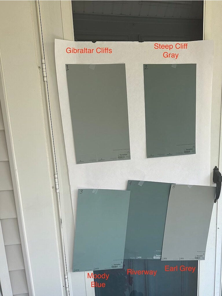 Benjamin Moore Gibraltar Cliffs, Steep Cliff Gray, Sherwin williams Moody Blue, Riverway, Earl Gray, blue-green gray front door