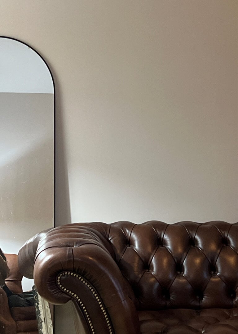 Benjamin Moore London Fog, taupe greige paint color with dark brown leather sofa, earth-toned paint color