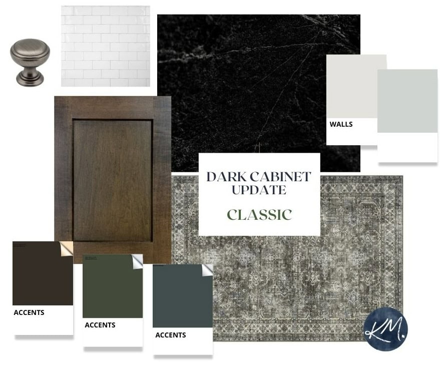 Dark wood kitchen cabinet update ideas with class black granite or laminate countertop, white subway tile, accent colors (1)