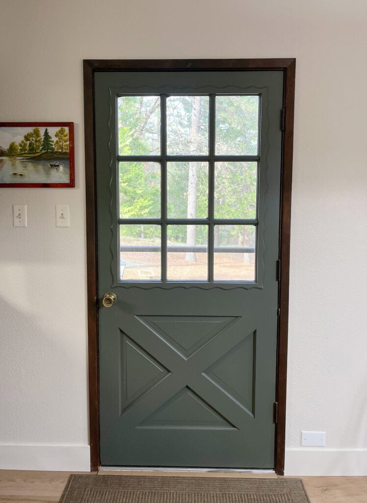 Edgecomb Gray 50% lighter walls and trim with Sherwin Williams Pewter Green interior of cabin, rustic farmhouse style door