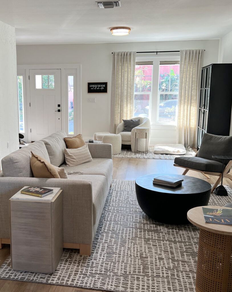 Sherwin Williams Greek Villa 25% lighter, Extra White trim, neutral beige cream furniture, light warm woods, south facing (4)