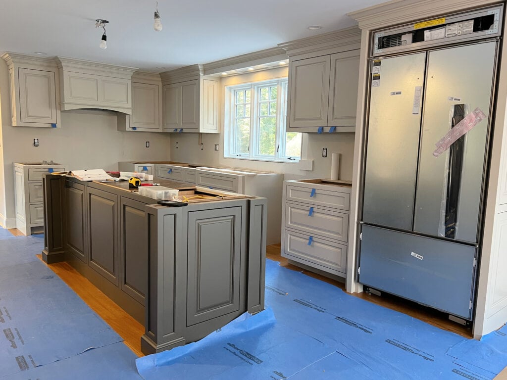 Sherwin Williams Porpoise, dark greige painted kitchen island, Accessible Beige, countersplash or slab backsplash