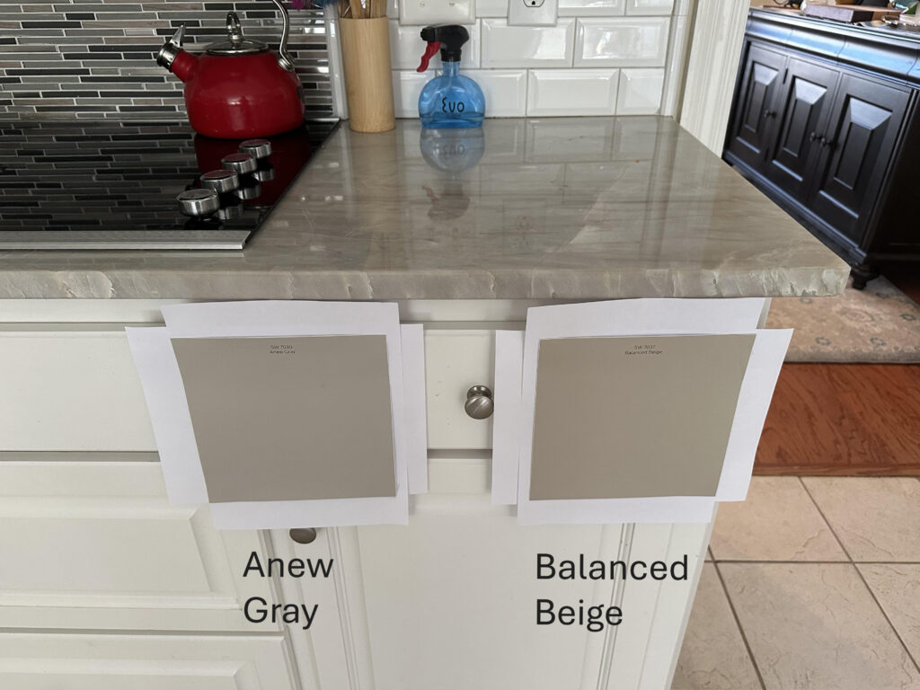 Taj Mahal quartzite with greige taupe, beige, warm gray paint color for cabinets, Sherwin Williams Anew Gray and Balanced Beige