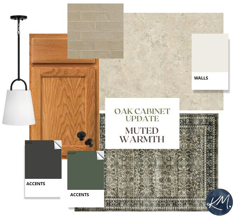 beige, muted warm update ideas for a kitchen with golden oak cabinets, laminate countertop, subway tile, paint color ideas by Kylie M