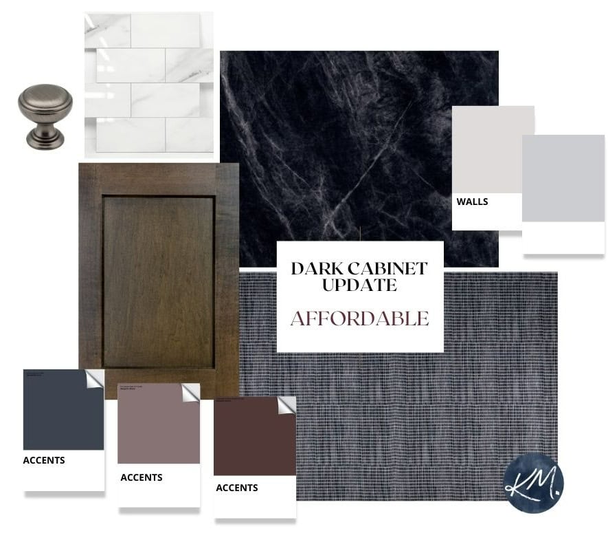dark wood kitchen cabinet update ideas with modern black countertop, marble peel and stick backsplash tile and accent colors, Kylie M (1)