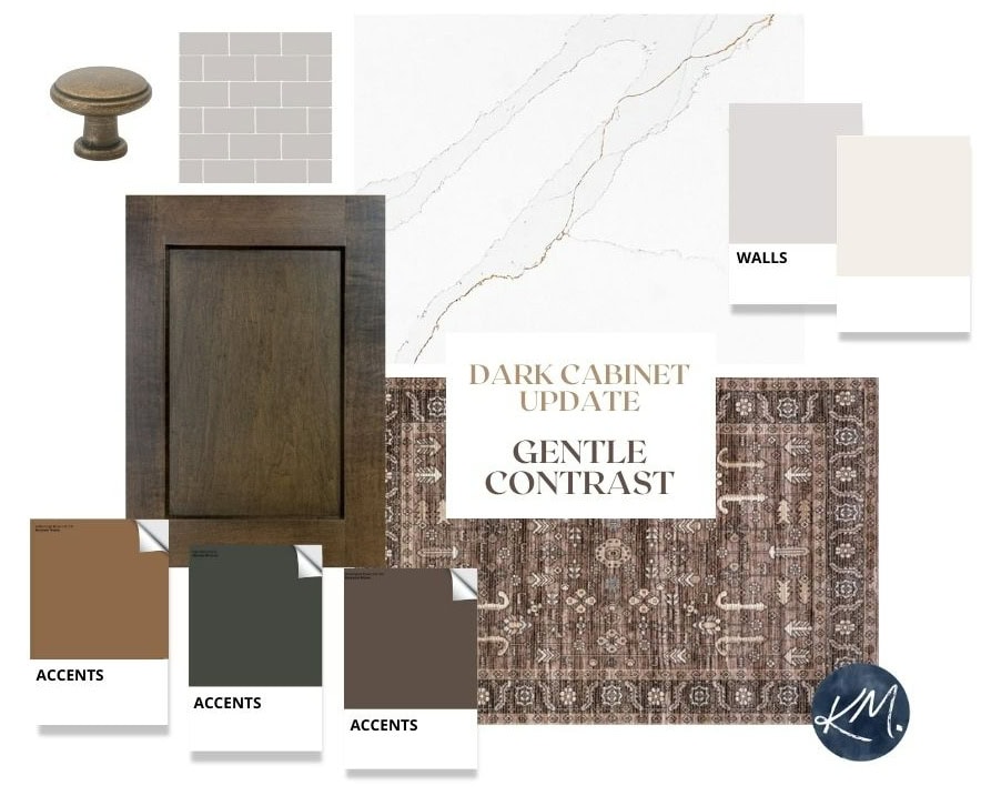 dark wood kitchen cabinet update ideas with white quartz, subway tile, accent colors and wall colors, Kylie M (1)