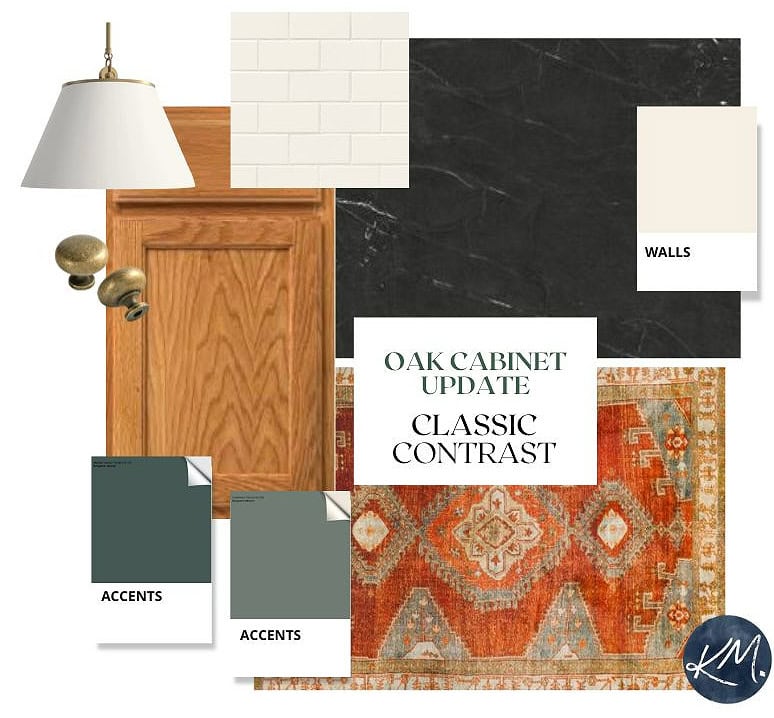 golden oak wood kitchen cabinet update, black countertop, subway tile, area rug, paint colors, Kylie M Interiors