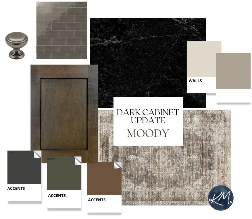 moody warm dark wood kitchen cabinet update ideas with black countertop, subway tile (1)