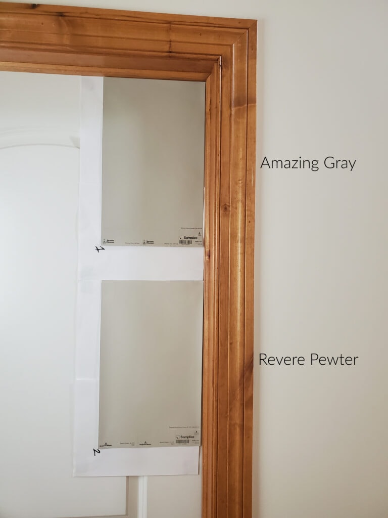 paint colors to go with orange stained wood trim, Sherwin Williams Amazing Gray, Benjamin Moore Revere PEwter, samplize peel and stick
