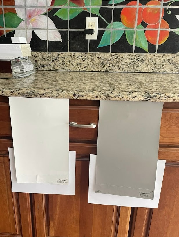 Benjamin Moore warm cabinet paint color sample with Metropolis warm gray for accent color with granite similar to Santa Cecilia