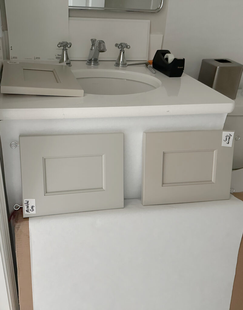 Mindful Gray and Sherwin Williams Amazing Gray, painted wood cabinet door for bathroom or kitchen vs.