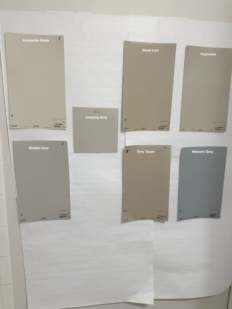 Sherwin Williams Accessible Beige, Stone Lion, Benjamin Moore Pashmina, Mindful Gray, Tony Taupe, Network Gray cabinet paint color samples samplize peel and stick