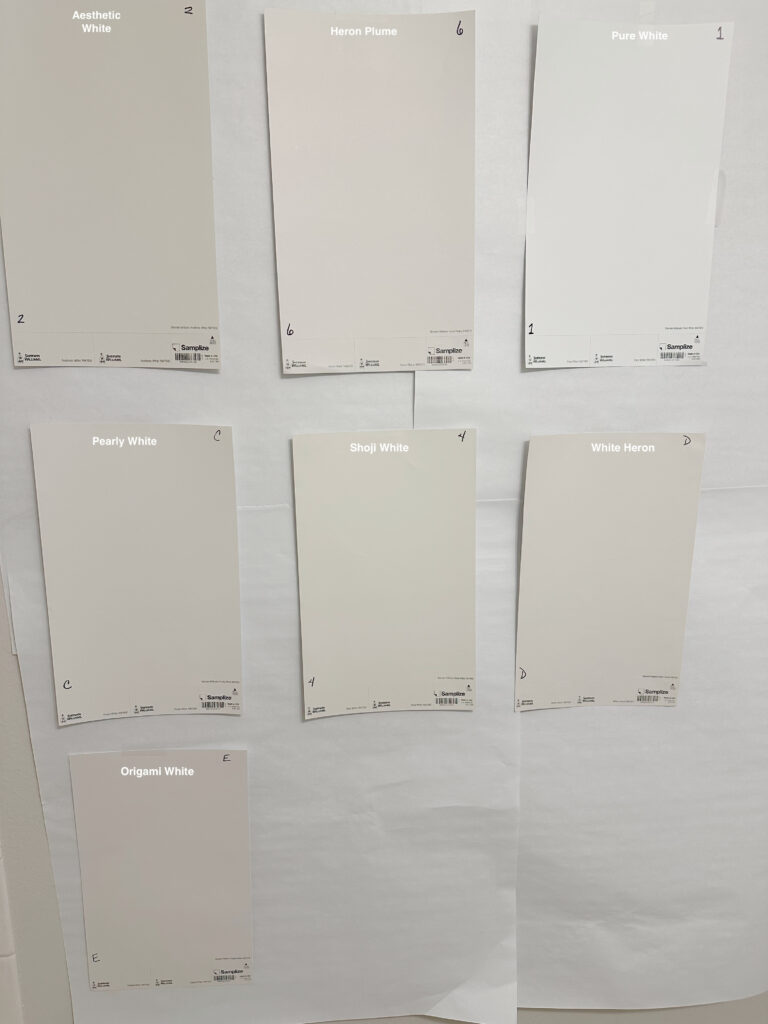 Sherwin Williams Aesthetic White, Heron Plume, Pure White, Pearly White, Shoji White, White Heron, Origami White off-white paint color samplize peel and stick samples
