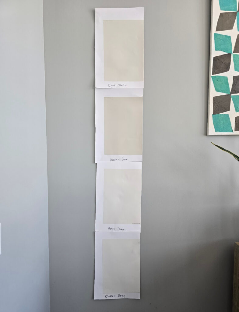 Sherwin Williams Egret White, Modern Gray, Heron Plume, Benjamin Moore classic Gray samplize peel and stick samples, comparing warm taupe greige gray neutral paint colors