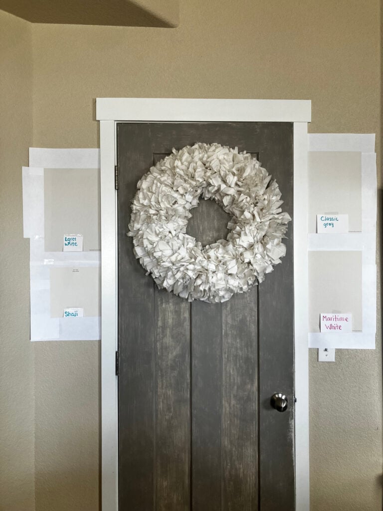 Sherwin Williams Egret White vs. Shoji White, Benjamin Moore Classic Gray versus Maritime White, off-white warm neutrals with white trim, samplize peel and stick