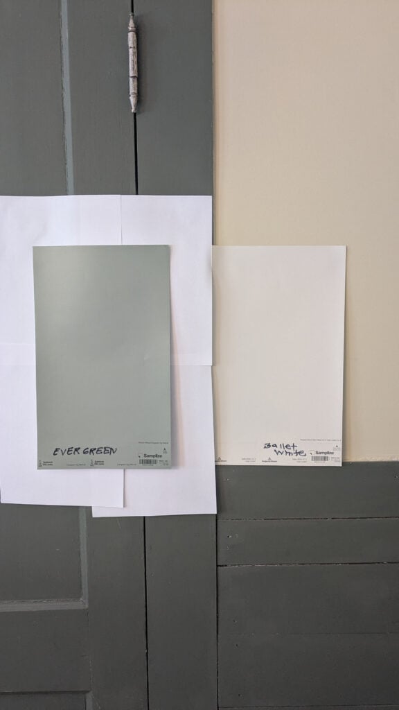 Sherwin Williams Evergreen Fog wit Benjamin Moore Ballet White samplize paint color samples