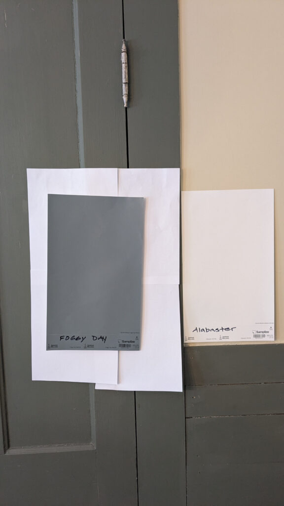 Sherwin Williams Foggy Day gray-blue-green and Alabaster warm white samplize peel and stick with Kylie M.