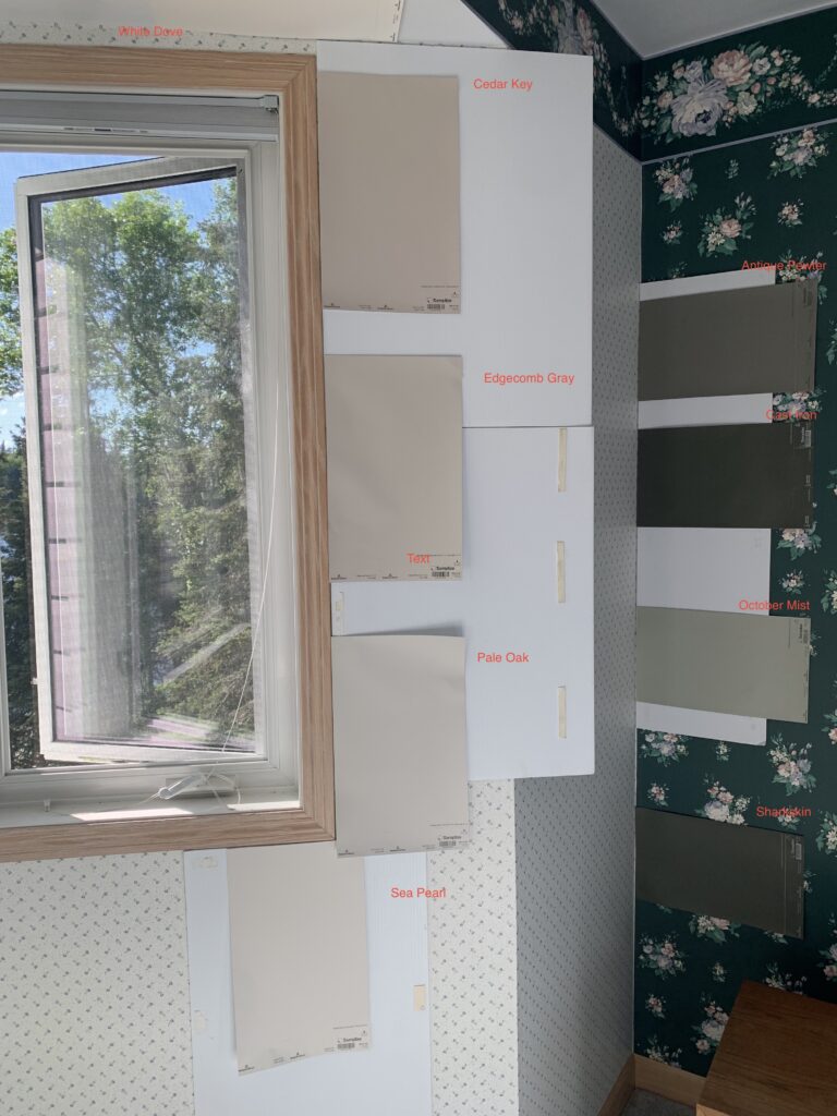 warm neutrals including Cedar Key, Sea Pearl, Edgecomb Gray, AGAINST PINK STAINED OAK WINDOW TRIM, WOOD