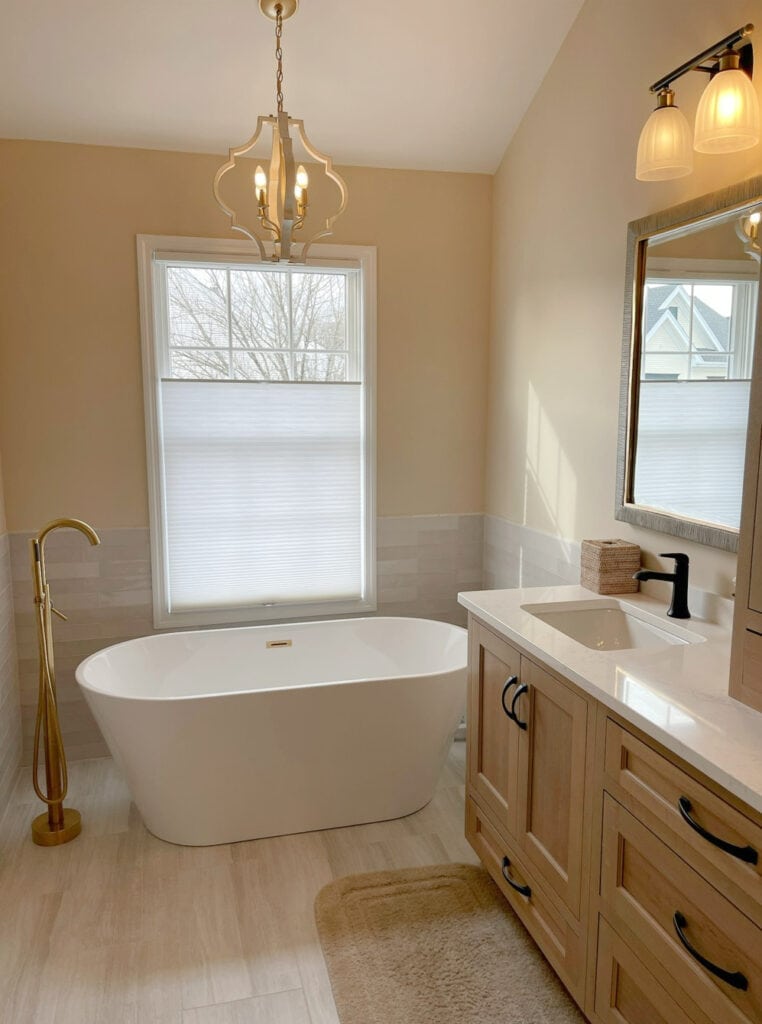 Ensuite bathroom, wood vanity cabinet, white quartz, freestanding tub, beige paint color on walls, taupe tile floor and wall behind tub