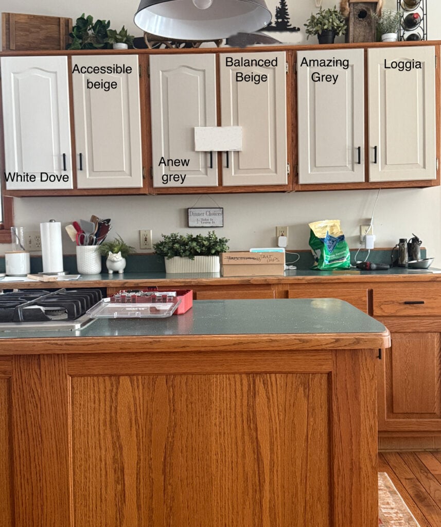 Green laminate countertop. Benjamin Moore White Dove, Sherwin Williams Accessible Beige, Anew Gray, Balanced Beige, Amazing Gray, Loggia, painted oak wood kitchen cabinets, neutral