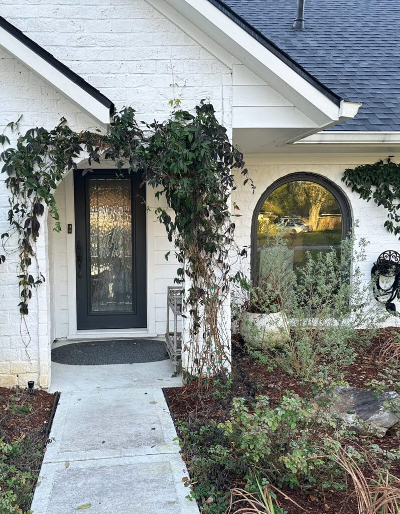 LImewash on bricks Romabio bianco exterior painted brick, Pure White siding, White Duck soffits, Iron Ore painted front door and curved arched window, dark gray roof