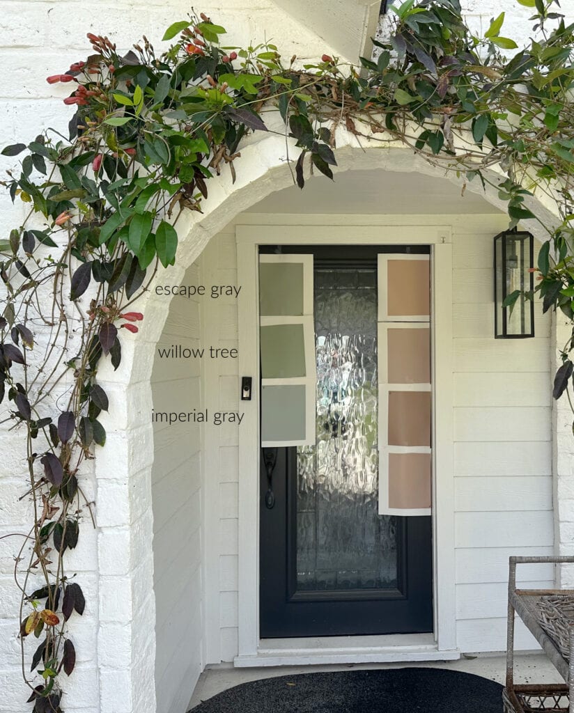 Romabio Bianco limewash brick with Pure White siding, Green-gray samplize colors for front door, Willow Tree, Escape Gray, Benjamin Moore Imperial Gray