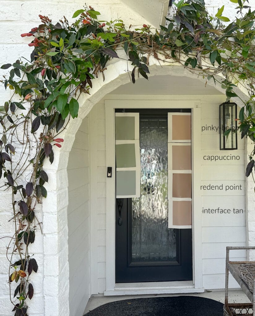 Romabio Bianco limewash brick with Pure White siding, pinky beige, dirty coral front door colors, Pinky-Beige, Cappuccino, REdend Point, Interface Tan, Sherwin Williams