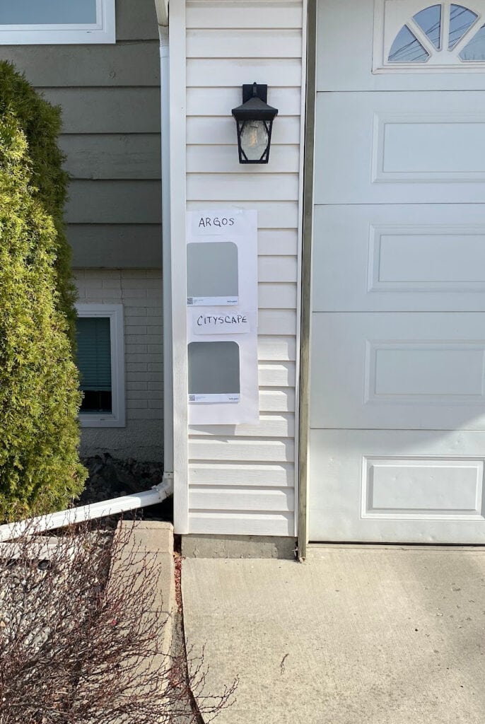 Sherwin Williams Argos and Cityscape exterior gray green blue samples on Aesthetic White vinyl siding