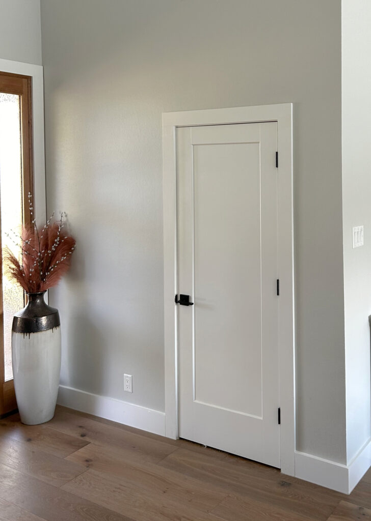 Sherwin Williams Guild Gray, Extra White trim, wood floors, entryway, vaulted ceiling (1)