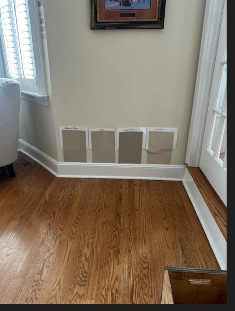 Sherwin Williams Malabar, Tony Taupe, Balanced Beige, Loggia, samplize peel and stick with oak flooring, white trim