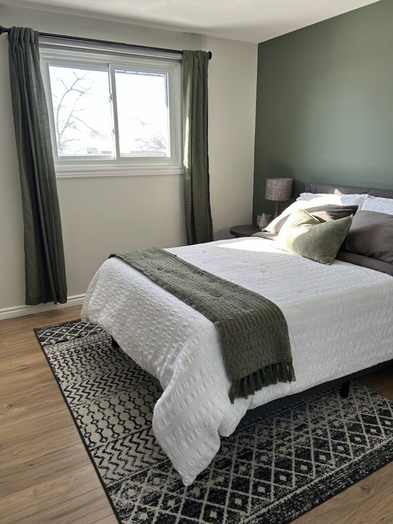 Sherwin Williams Rosemary, best green paint color on bedroom accent wall, Ethereal White offwhite walls,
